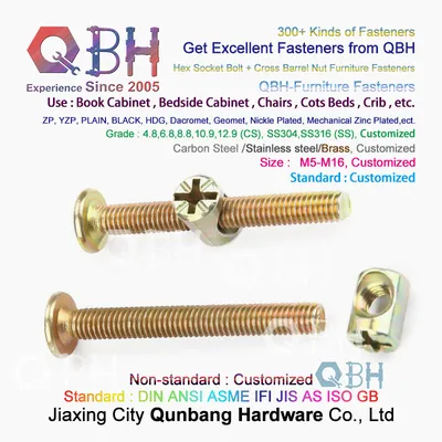 Qbh Custemized M6X50 Yellow Zinc Plating Plated Carbon Steel Bolt & Nut Furniture Bed Hardware