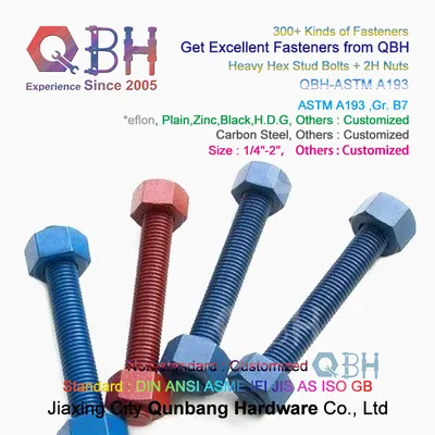 Qbh Customize PTFE Colored Surface Treatment Carbon Steel ASTM A193 B7 Rod + Double A194 2h Nuts Steel Structure Prefabricated Building Stud Bolt Combo Assembly