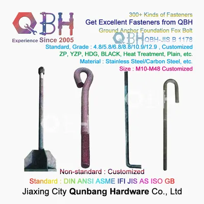 Qbh Customized Carbon Steel Plain Black Yellow Blue Zinc Nickle Plated HDG Hot DIP Galvanizing Dacromet Geomet Eye Bolt/J Bolt/L Type Anchor Foundation Bolt