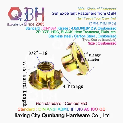 Qbh Customized OEM ODM DIN 1624 T-Nut Carbon Stainless Steel Fixing Wood Furniture/Plywood/Particle Board/CNC Router on Wood Climbing Wall Threaded Inserts