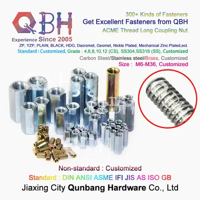 Qbh Customized Zp/Yzp/Bzp/Plain/Black/HDG/Dacromet/Geomet/Nickle Plated Carbon Stainless Steel//Brass/Copper Long Hex Coupling Acme Thread Clamp Clamping Nut