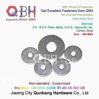 Qbh DIN125A No Chamfer Plain Black Yellow Blue Zinc Nickle Plated HDG Hot DIP Galvanizing Dacromet Geomet Carbon Stainless Steel Flat Machining Machinery Washer
