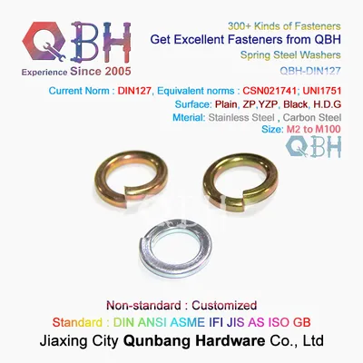 Qbh DIN127A DIN127b Lock M2 to M100 Plain Zp Yzp Black HDG Carbon Stainless Steel Spring Lock Locking Fastener Washer Gasket