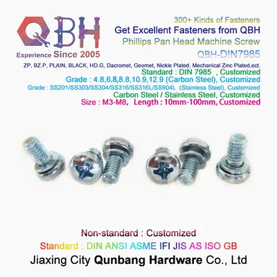 Qbh DIN7985 Phillips Cross Pan Head Carbon Steel 4.8/6.8/8.8/10.9/12.9 Custom-Made Custom Made Washer Machinery Machine Screw
