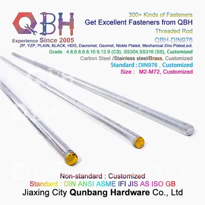 Qbh DIN976 Zp/Yzp/Bzp/Plain/Black/HDG/Dacromet/Geomet/Nickle Steel Structure 4.8 6.8 8.8 10.9 12.9 SS304 SS316 Thread Threaded Washer Nut Stud Bolts