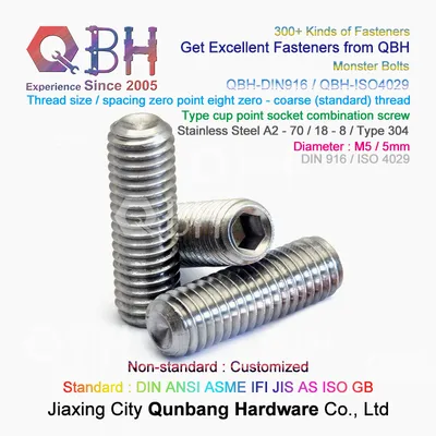 Qbh Standard Customized DIN914/DIN916 Taper Head / Cup Flat Point Zinc Plated Socket DIN 914 DIN 916 Carbon Steel/Stainless Steel Solid Thread Threaded Inserts